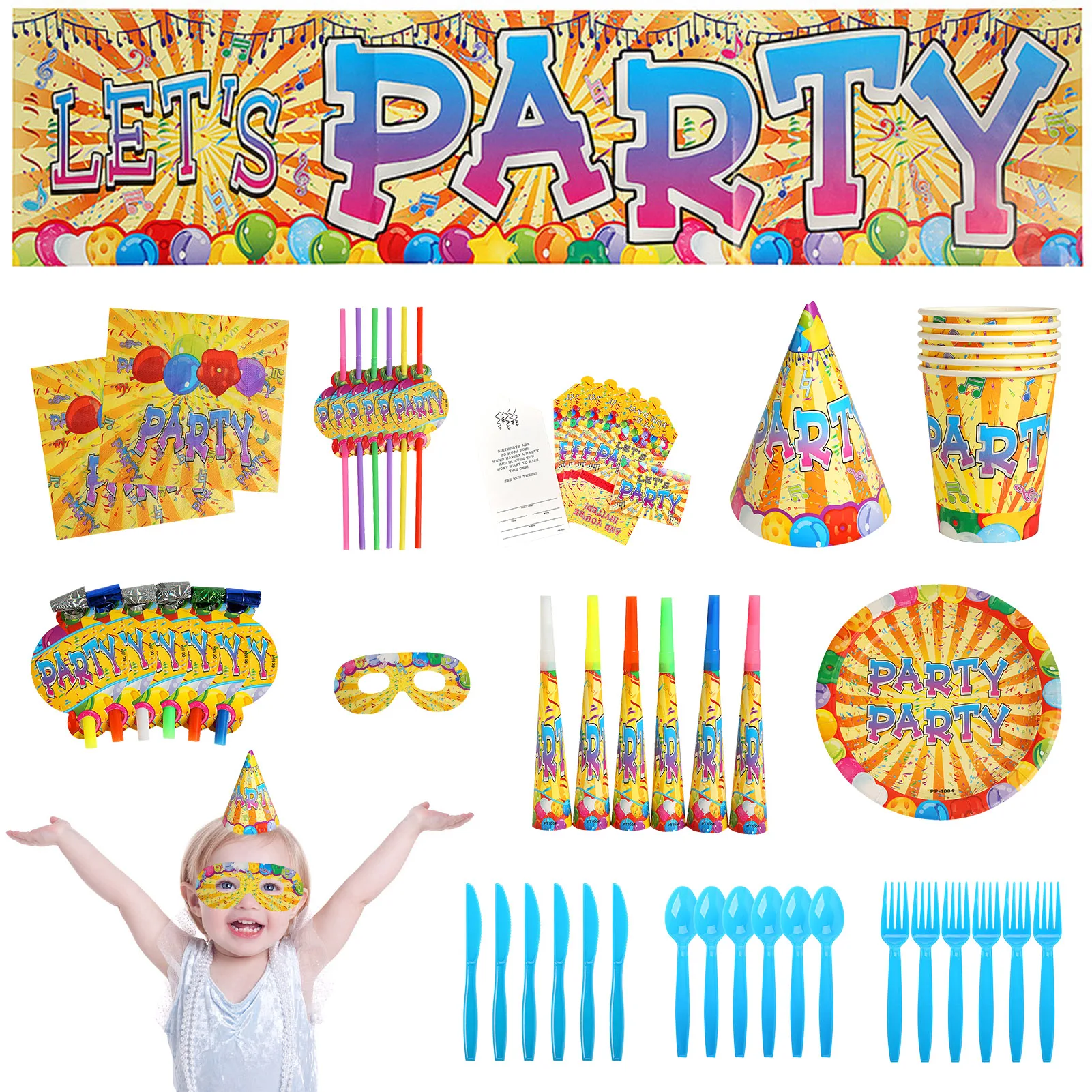 

Party Supplies Plate Cups Spoons Forks Napkins Knives Straws Hat Banner Eye Covers Blowing Horn Toys Invitation Cards Birthday