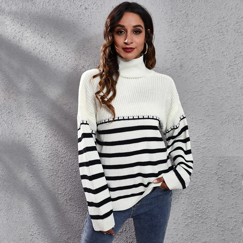 

2023 Fashion High Neck Sweater Women's Loose Autumn and Winter New Stripe Spliced Knitted Shirt Clothes Chch