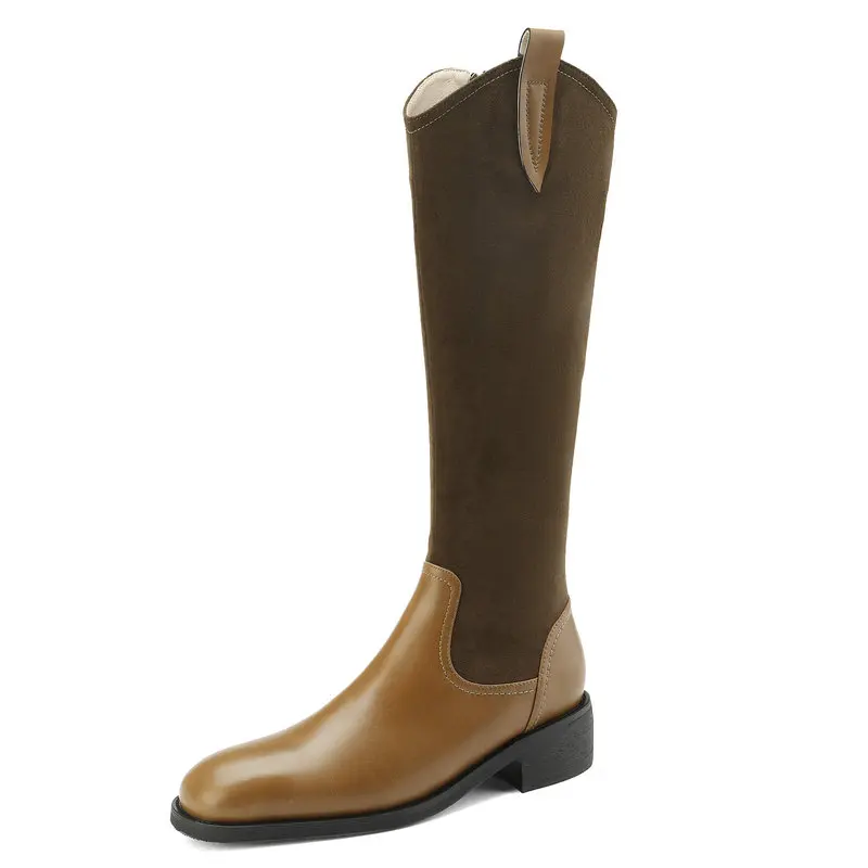 

Genuine Leather Low Heels Women Knee-High Boots Autumn Winter Patchwork Square Toe Stretch Shoes Woman Size 34-40