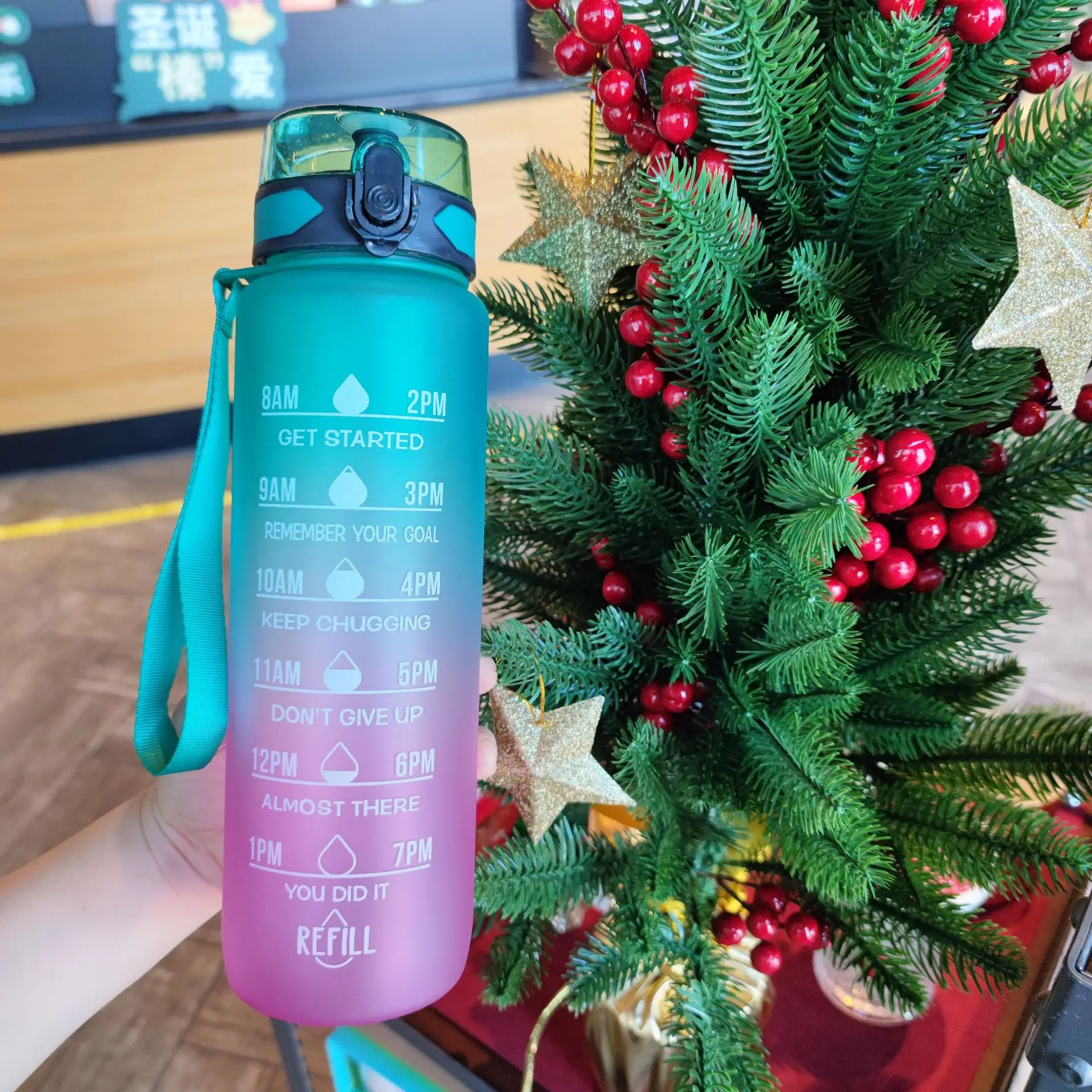 

1000ml Gradient Color Water Bottle Frosted Space Cup Portable Carry Rope Bouncing Lid Cup Outdoor Fitness Sports Water Bottle