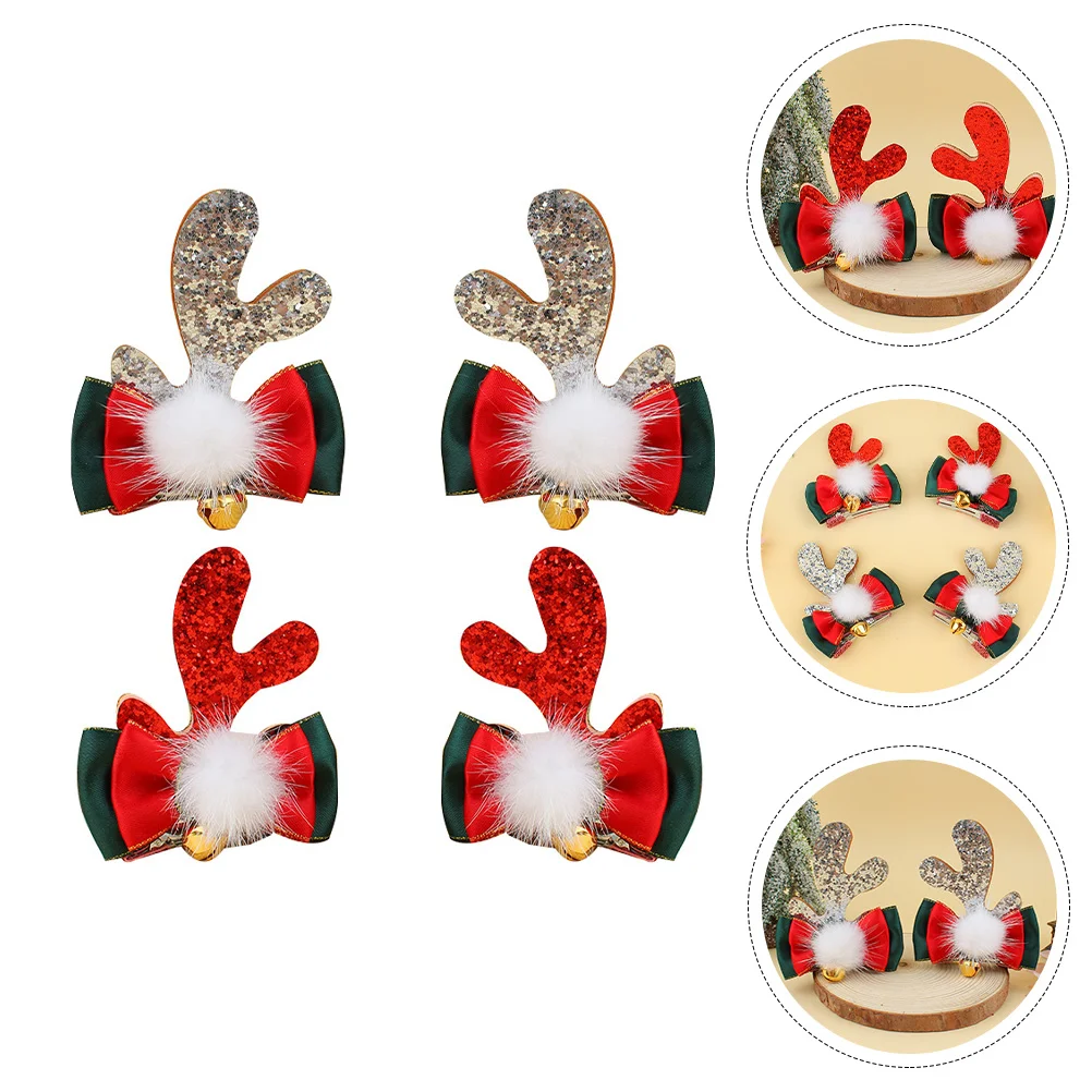 

4pcs Christmas Bow Hair Clips with Bell Christmas Reindeer Glitter Hairpins Sequins Barrettes Alligator Clips Hair Accessories