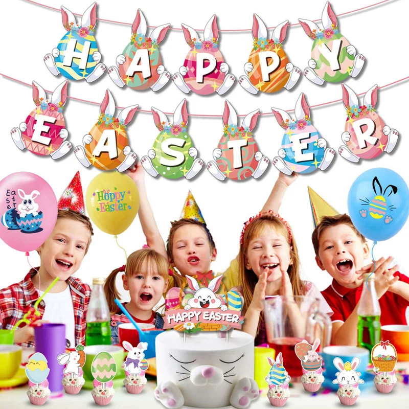 

1set Happy Easter Decoration Rabbit Easter Eggs Latex Balloon Banner Cake Topper Bunting Party Decor Easter Event Favor
