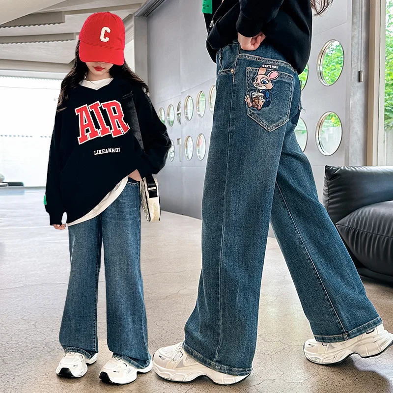 

Teen Girls Jeans New Arrivals Kids Wide Leg Pants Casual Fashion Loose High Quality School Children Trousers 6 8 9 10 12 14Years