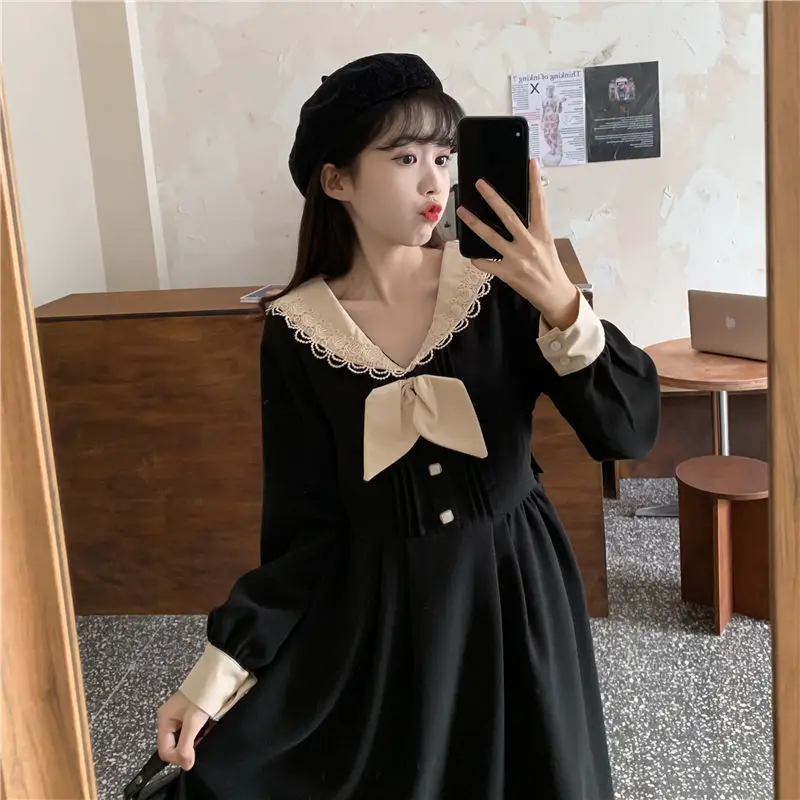 

Женское винтажное платье с длинным рукавом, красное элегантное платье в стиле пэчворк с воротником «Питер Пэн» в стиле мори, осень 2022