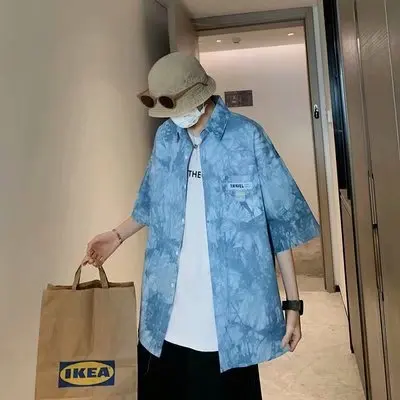 Гавайская рубашка мужская летняя куртка с коротким рукавом и оборками красивая в