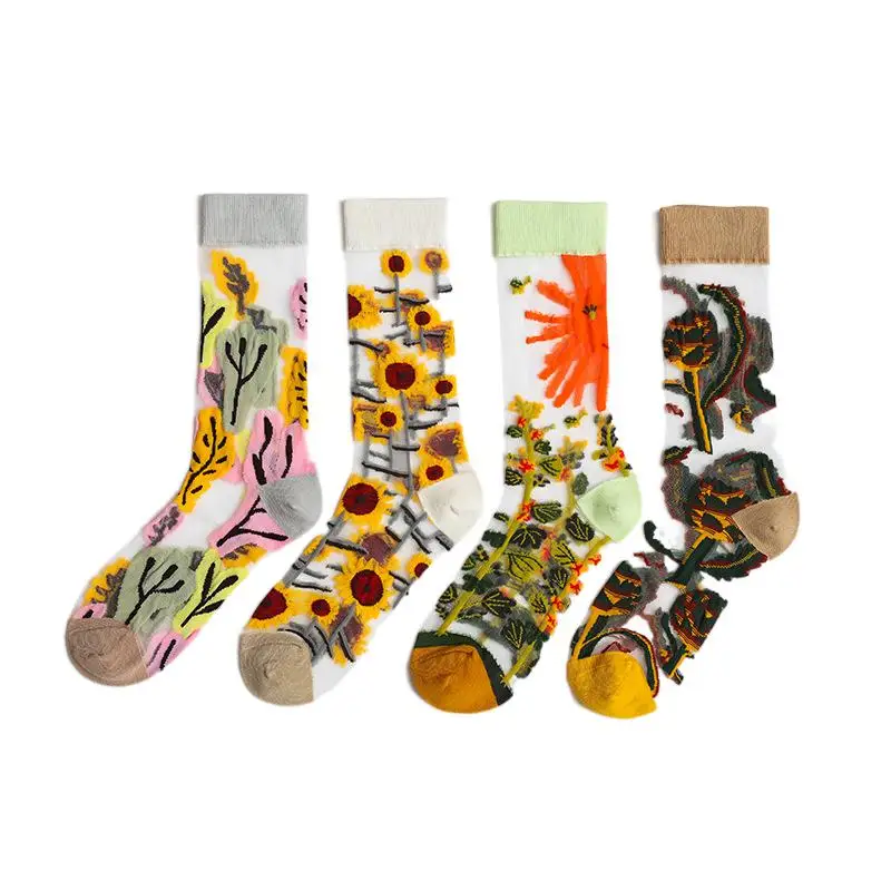 

French Socks Women's Fashion Popular Design Spring and Summer Thin Glass Stockings Jacquard Net Red Fashion Casual Transparent
