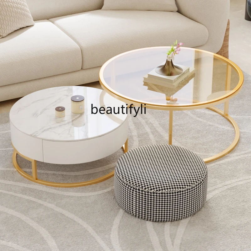 

LBX Living Room Light Luxury Modern Simple Home Small Apartment Stone Plate round Tea Table Combination