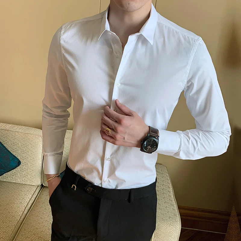 The new four seasons men's long-sleeved shirt cotton non-iron comfortable slim business casual fit fashion solid color shirt