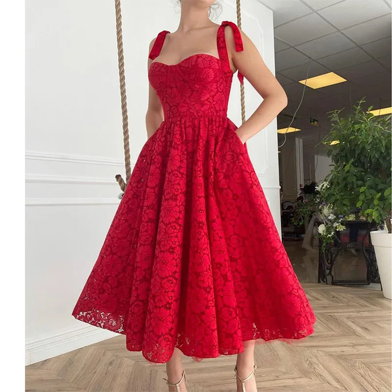 

Red Tie Bow Bohemian Dress Women Fashion Ruched High Waist Backless Spaghetti Strap Midi Dresses Summer Ruffle Beach Vestidos