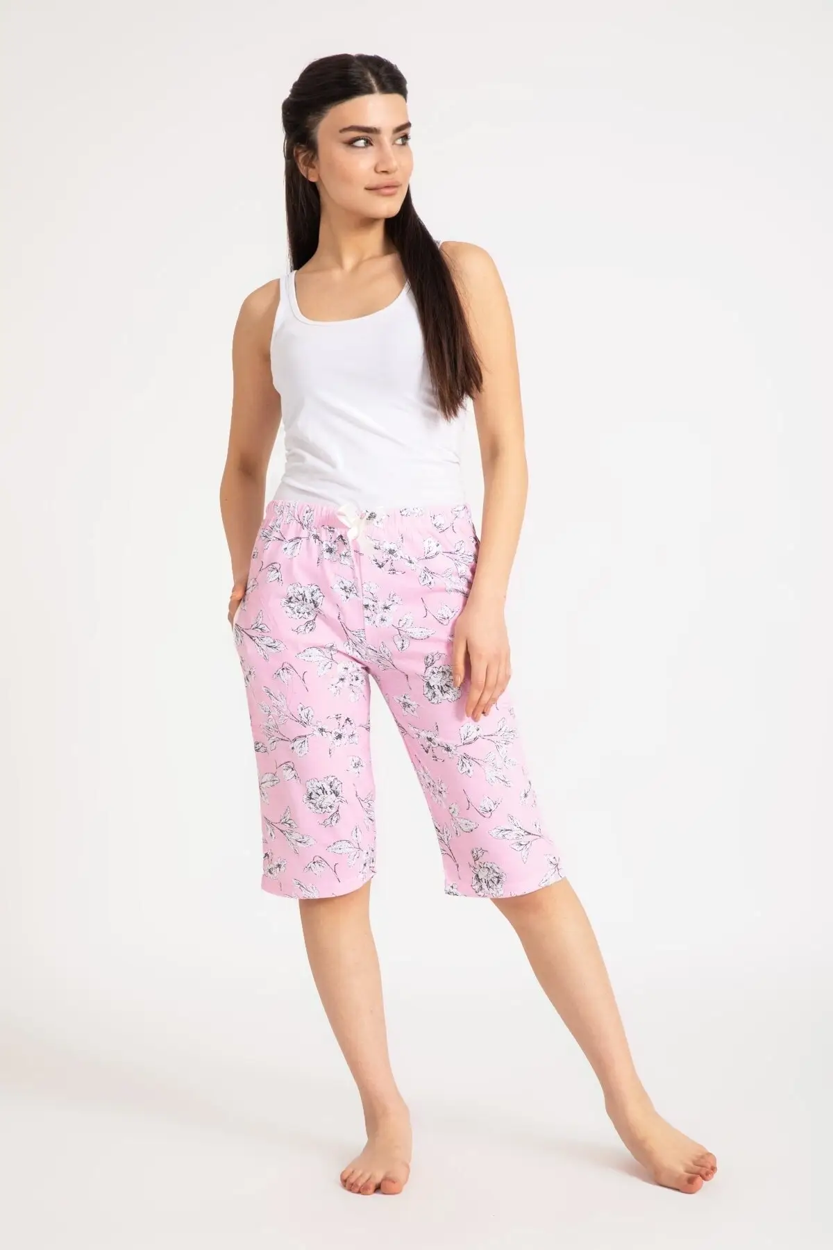 

Women's Shorts 4- Floral Patterned Pocket Capri Single Bottom Pink New Summer Bermuda Basic Short Pants Mini Trousers