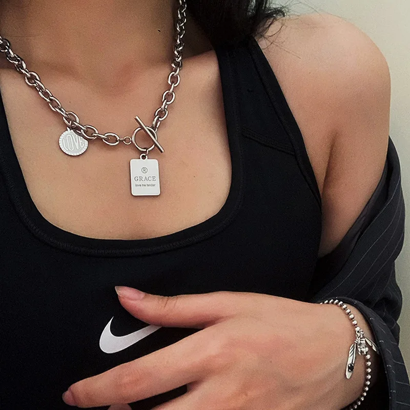 

Thick Chain Square Round Letter Pendant Necklace Internet Celebrity Sweater Chain Long Accessories