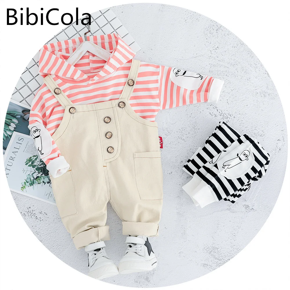 

Spring Autumn Baby Boys Girls Clothes Toddler Cotton Striped Hoodie Overalls 2pcs Set Kids Garment Children Casual clothing Suit