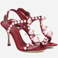 beaded rhinestone sandals 2022 new arrivals french girls pearl satin high heel sandals fashion sexy elegant summer shoes