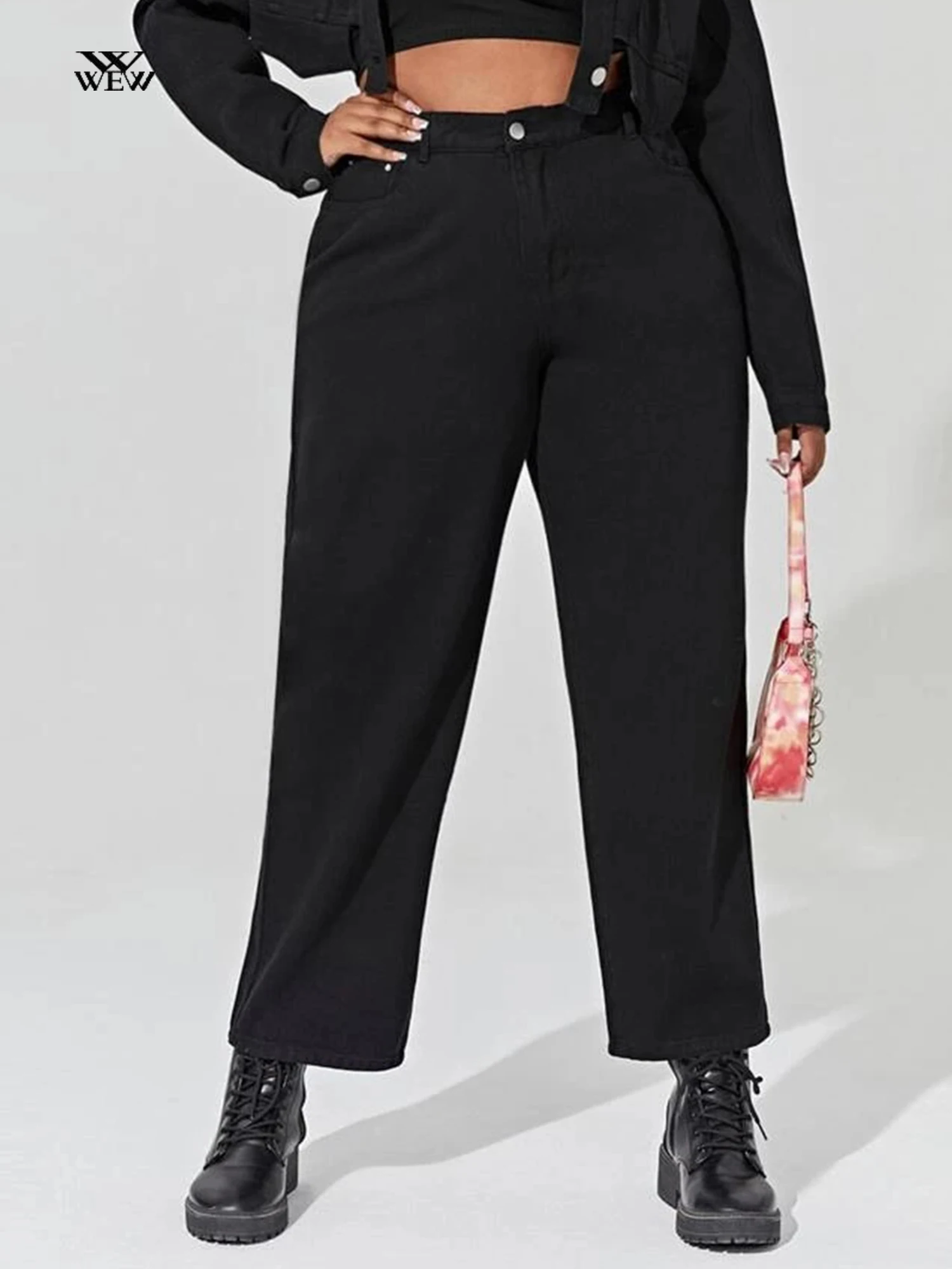 Женские джинсы с широкими штанинами размера плюс черные женские высокой