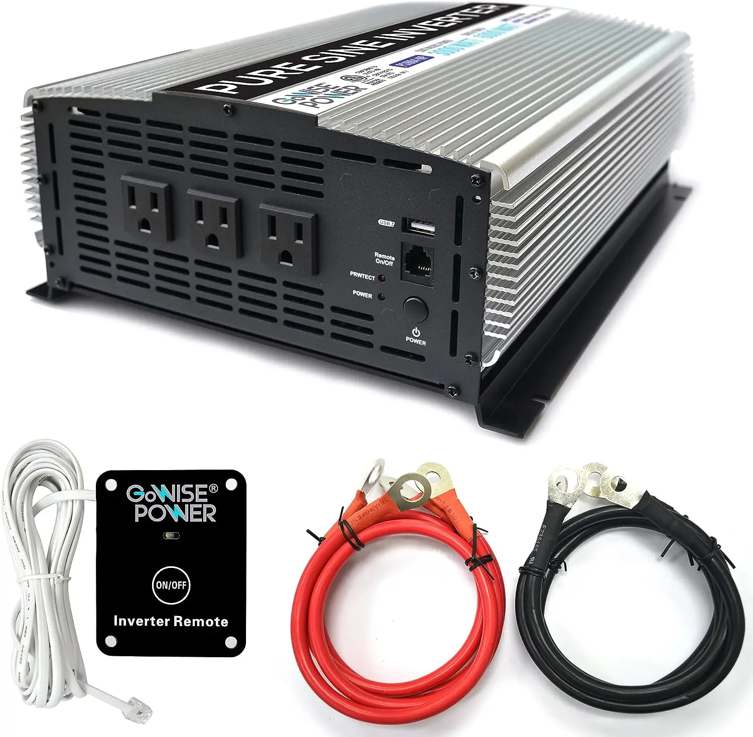 

3000W Continuous 6000W Surge Peak Power Pure Sine Wave Inverter with Starter Cables and 4 Output Sockets, Updated Model, Grey, S