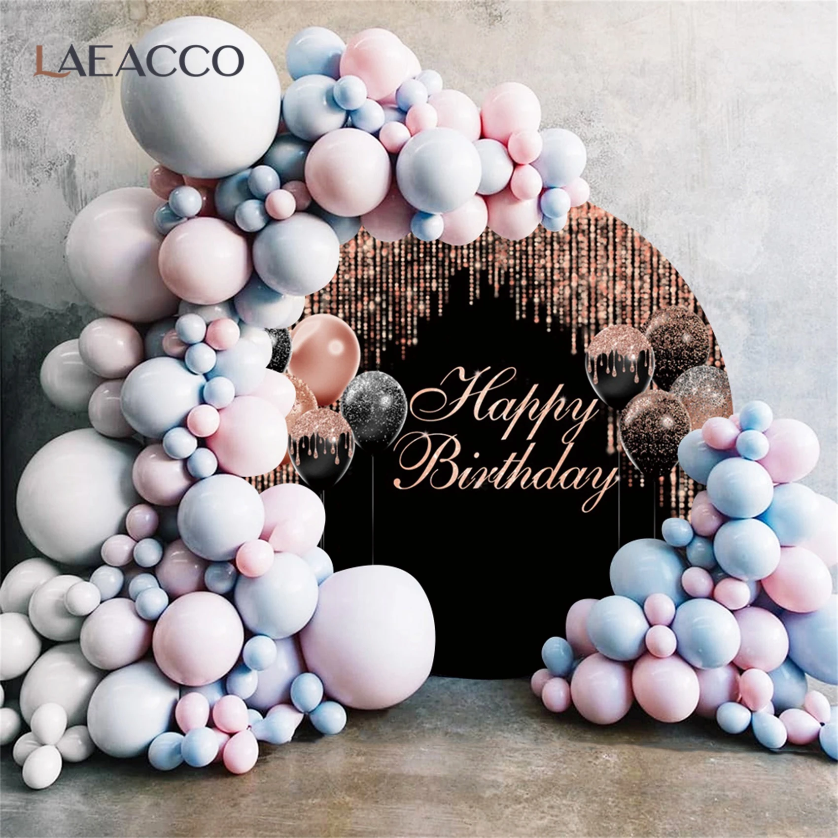 

Laeacco Custom Black Pink Balloons Happy Birthday Round Backgrounds Banner Photography Backdrops Photocall Circle Decor Props