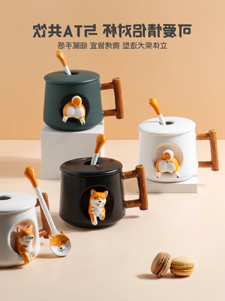 Cute Creative Mug Ceramic with Lid and Spoon Couple Water Female Office Coffee Cup