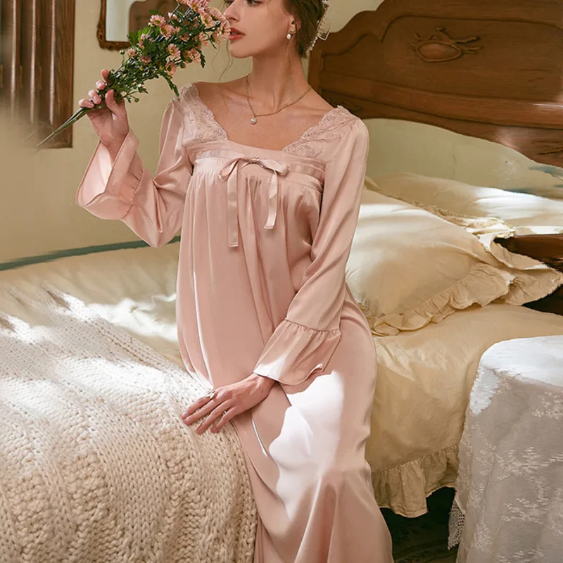 Spring Nightgowns Women Satin Nightwear Sleepdress Elegant Retro Vintage Kimono Sleepwear Lingerie Long Home Dress Dressing Gown