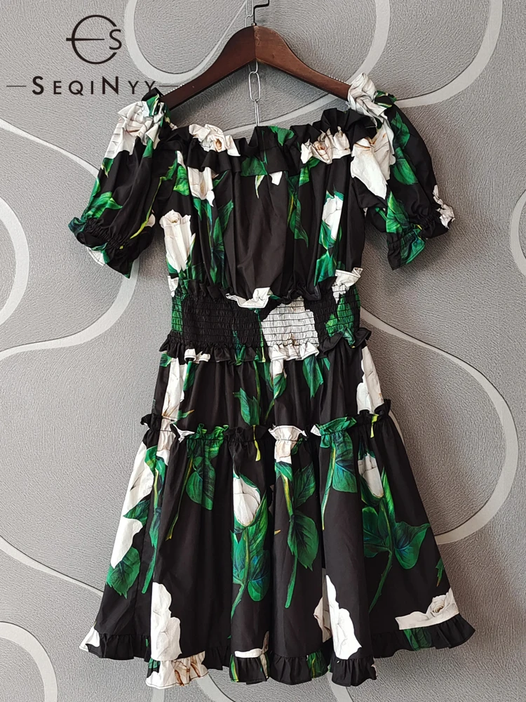 

SEQINYY 100% Cotton Dress Summer Spring New Fashion Design Women Runway Elastic Waist White Flowers Sicily Print A-Line