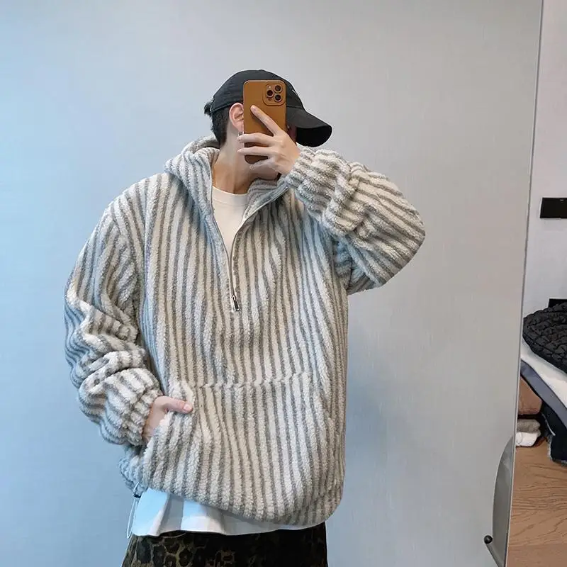 Autumn and Winter New Extra Large 50.00kg Retro Stripe Hood Cotton-Padded Coat Men's Thickened Lamb Wool Outerwear Top 2