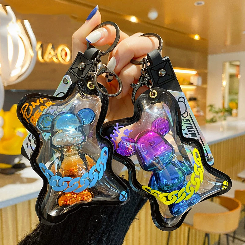 Creative Colorful Explorer Bear Bag Pendant Key Chain Cartoon Fashion Graffiti Pattern Bear Packet Keyring Couple Backapck Gifts