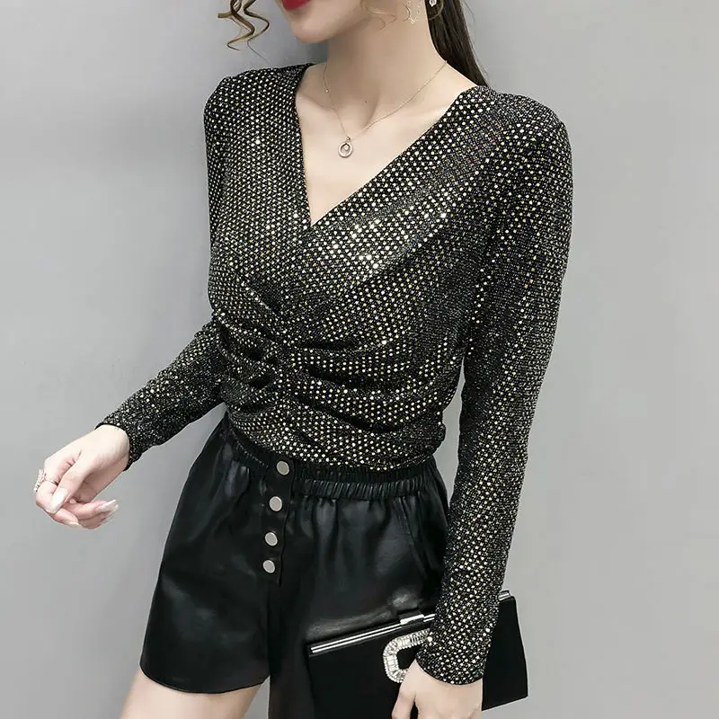 

Women's Glitter Top Sequins Slim Clothes Bright Silk All-match Stretch Bottom Shirt European Spring Autumn Winter 2022 New