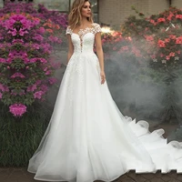 On Zhu Short Sleeve Bridal Gown O-Neck Tulle Wedding Dresses 2023 Elegant Lace Appliques Button Sweep Train Robe De Mariée