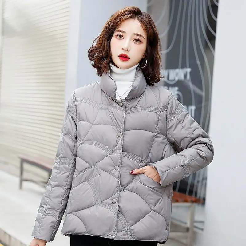 2023 New Winter Down Warm Women White Duck Down Coat Long Jacket Autumn Slim Pocket Loose Outwear Stand Collar Ladies M10