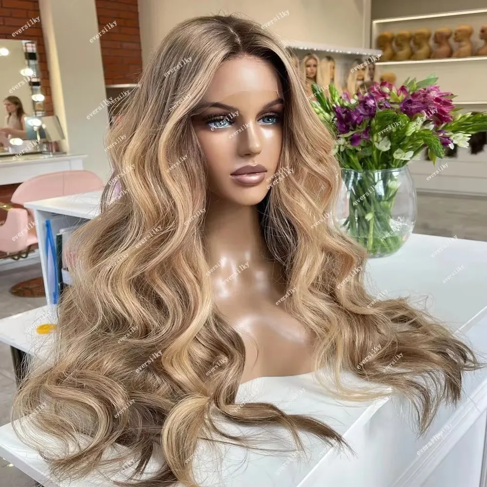 Фото Парик из натуральных волос с прозрачной HD-основой 360 Full Lace, оттенок Ash Blonde, с эффектом омбре Balayage Strawberry Brown, волнистый, с кружевной застежкой 5x5 №2
