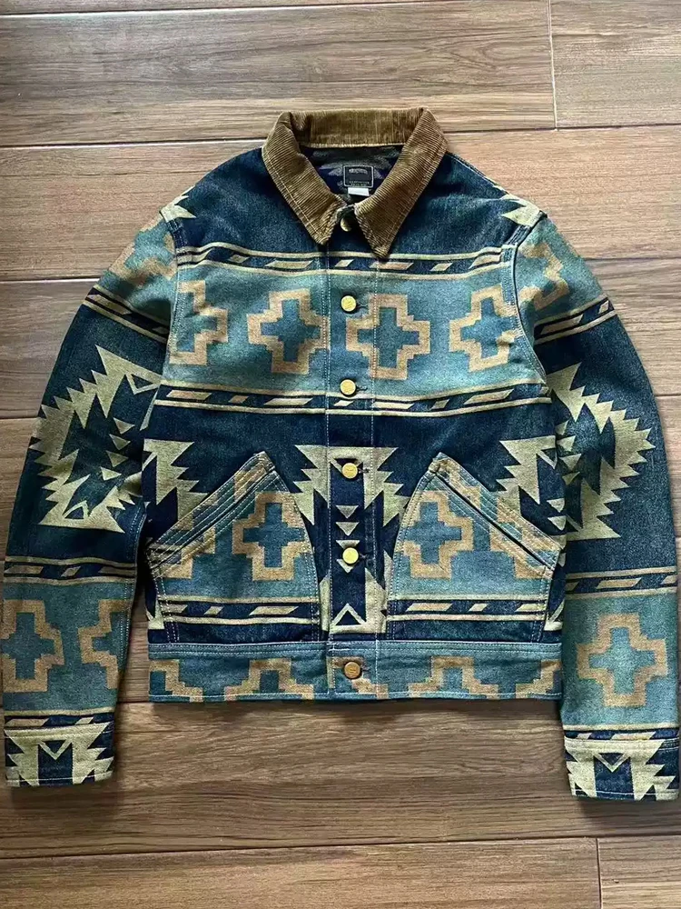 RRL 30th Anniversary Western Style Jacquard Heavy Washed Denim Jacket American Retro Coat Corduroy Collar