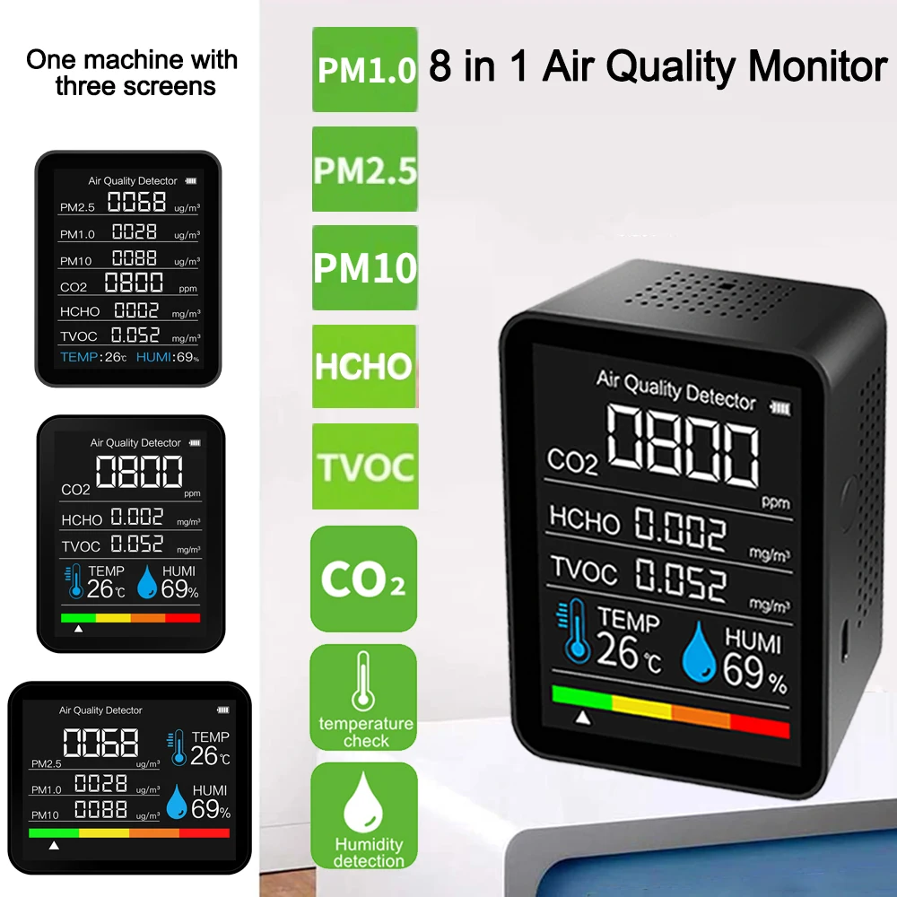 

8 в 1 детектор качества воздуха, датчик CO2 Монитор PM2.5 PM1.0 PM10 HCHO TVOC, датчик температуры и влажности, детектор газа, анализатор