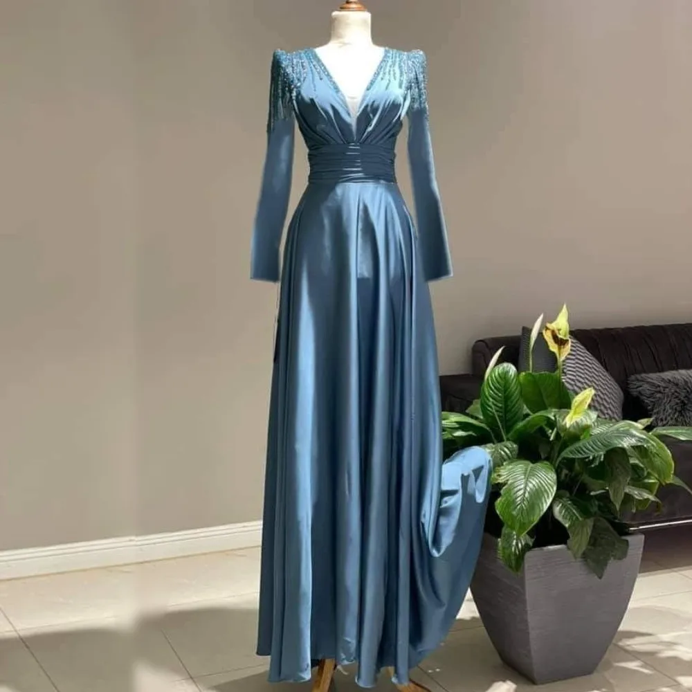 

Evening Dresses 2022 For Wedding Prom Celebrity Long Sleeve Plus Size Blue Luxury Elegant Women Party Mother Gala Dress