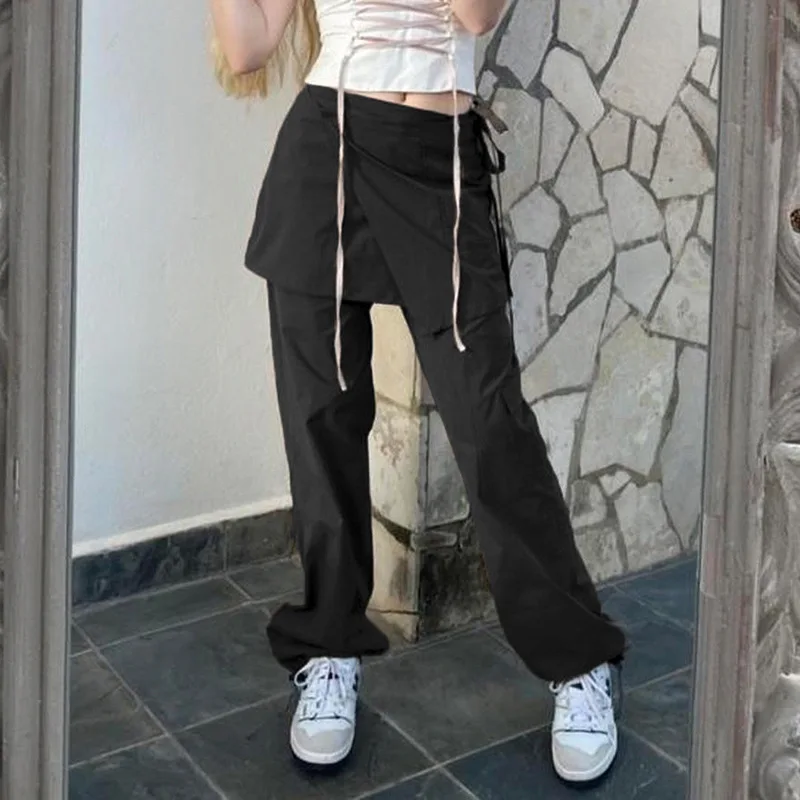 

Юбка-карго на завязках с заниженной талией, штаны с карманами, дизайнерская уличная одежда, джоггеры, женские винтажные повседневные спорти...