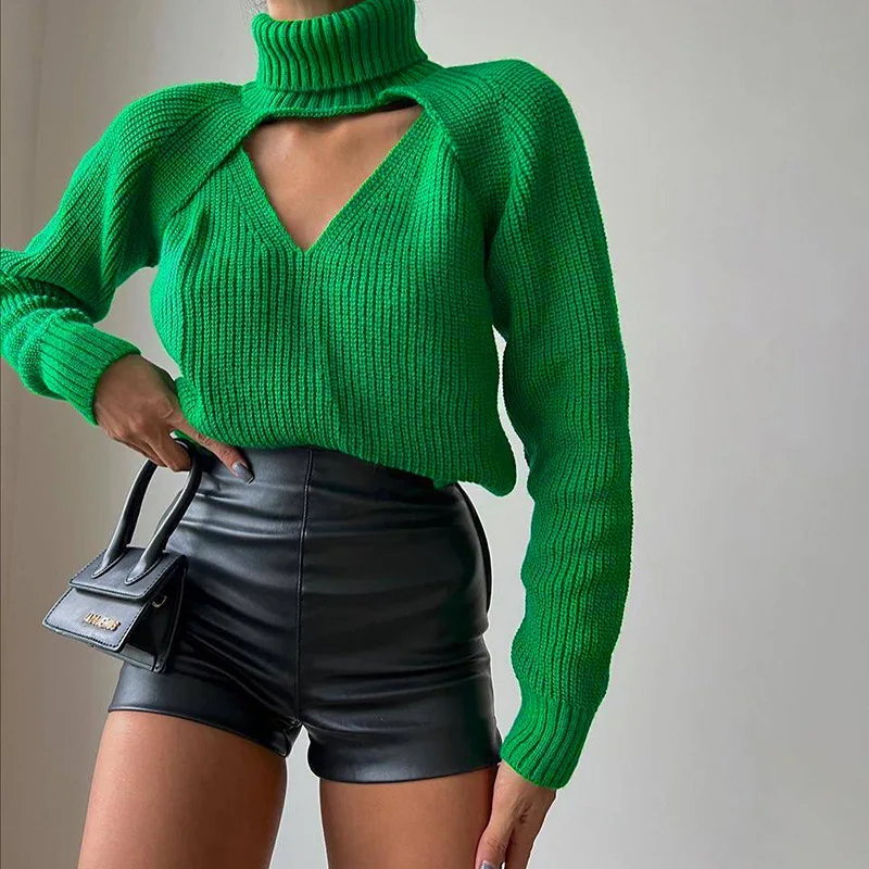 

Женский трикотажный Однотонный свитер из двух частей с высоким воротником