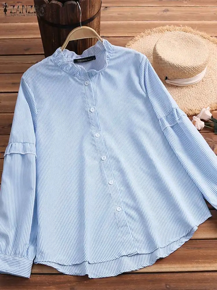 

Elegant Women Autumn Ruffle Blouses ZANZEA 2022 Striped Shirt Casual Long Sleeve Blusas Female Tunic Chemise Tunic Tops Oversize