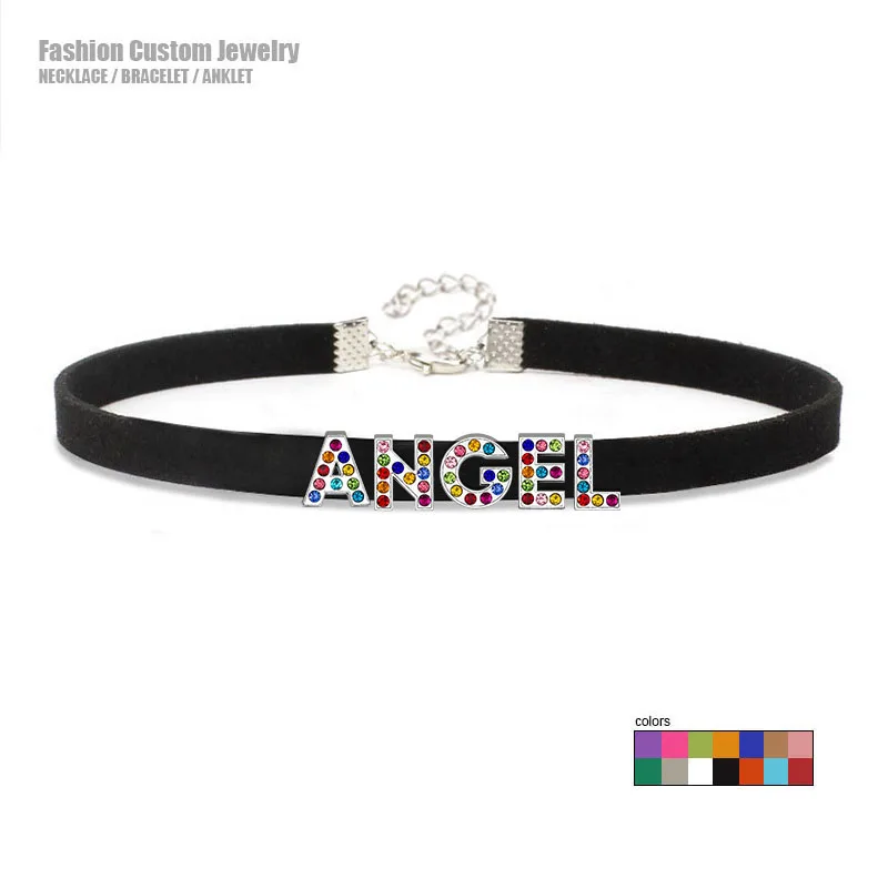 Sexy Coloured Rhinestone Letters ANGEL Choker Necklace Women Custom Name Collar Suede Leather Chocker Personalized Jewelry Gift