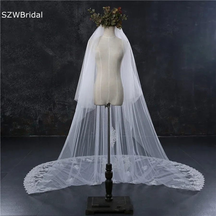 

Фата свадебная двухслойная с цветочной аппликацией, Белый/цвет слоновой кости, свадебная, для невесты