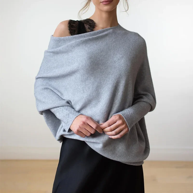 

2023 Asymmetric Draped Jumper Fall Women Solid Crew Neck Long Sleeves Off The Shoulder Sweater Slouchy Knit Pullover For Women