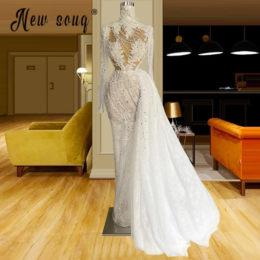 

Mermaid Evening Dress With Detachable Train Lace Beaded Prom Gowns 2022 vestido de novia Arabic Dubai Bridal Dress Saudi