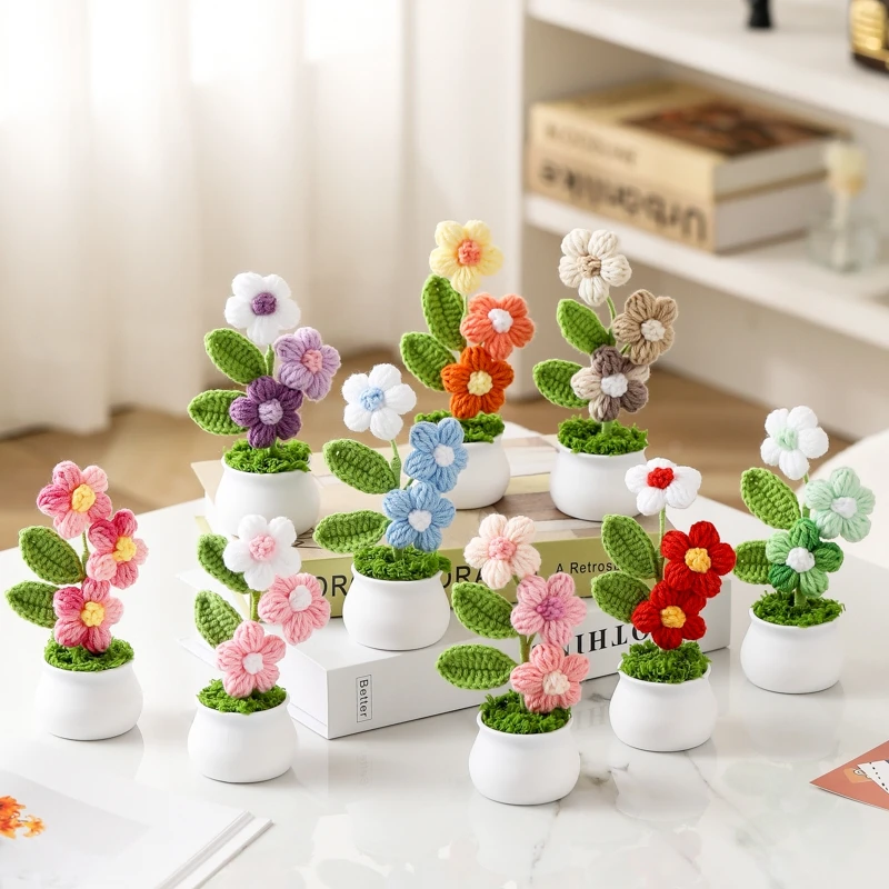 Дейзи Вязаные крючком цветы в горшках Свадебные гости Подарок Украшение комнаты