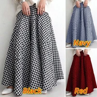 womens long dress 2022 fashion casual fall retro high waist elegant patchwork stretch check loose print belt pleated skirt