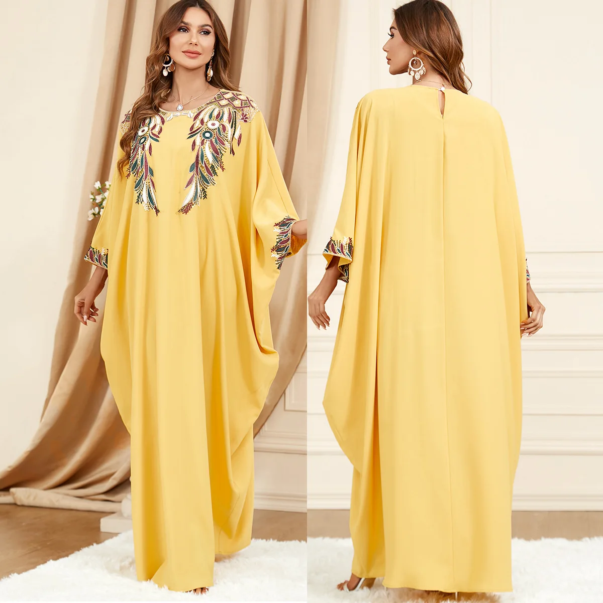 Ramadan African Yellow Dresses Islamic Clothing For Women Dubai Abaya Turkey Arabic Muslim Long Maxi Dress