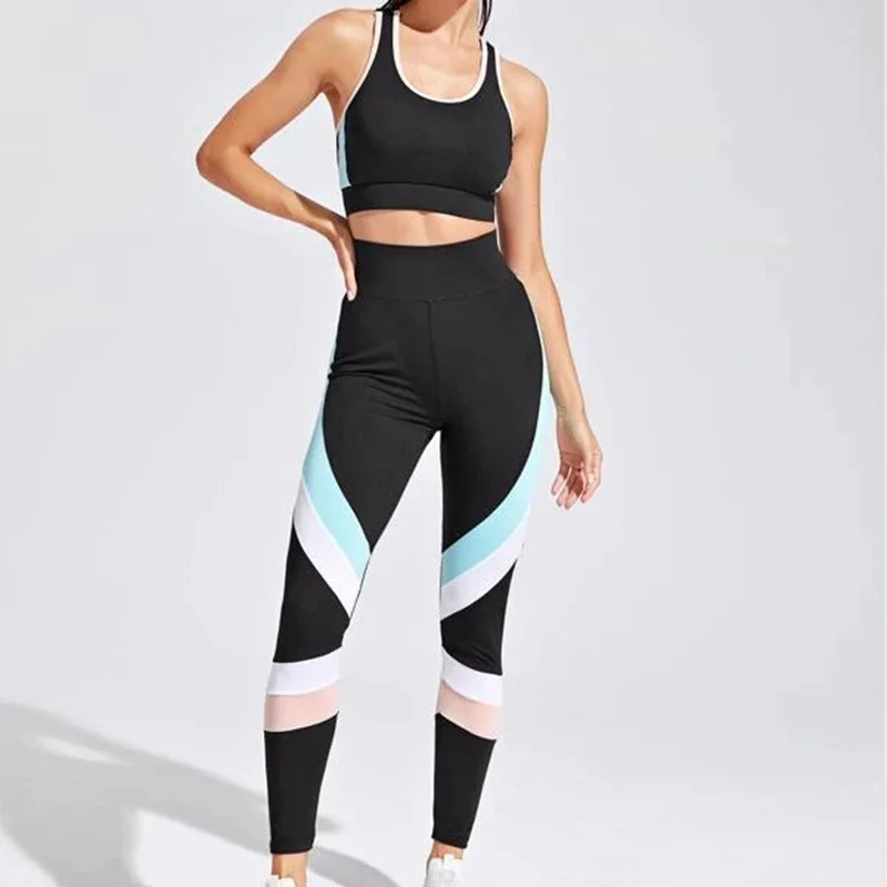 Multicolor splicing Yoga Set Workout Beauty back Gym Clothing Fitness For Women's Tracksuit Outfit Leggings Sport Bras Top Women