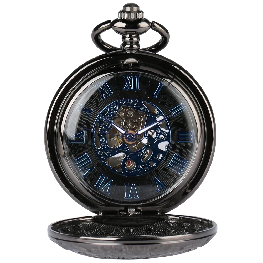 Blue Roman Numerals Dial Mechanical Pocket Watch Transparent Glass Retro Black Antique Pocket Clock with Pocket Chain