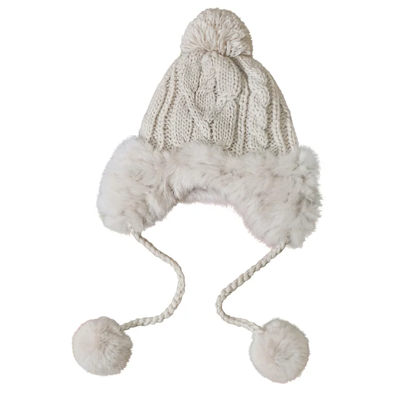 

Winter Travel Warm Rabbit Fur Earmuffs Hat Knitted plus Fluff Northeast Snow Hat Sweet Cute Fur Ball Ushanka