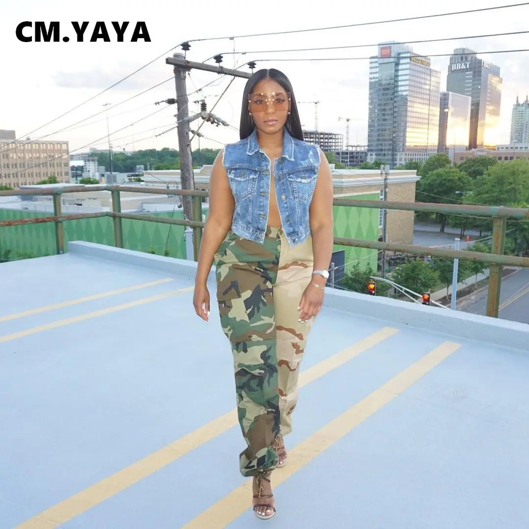 

CM.YAYA Camouflage Patchwork with Pocket Military Women Pants Vintage Pencil Trousers streetwear safari style pants