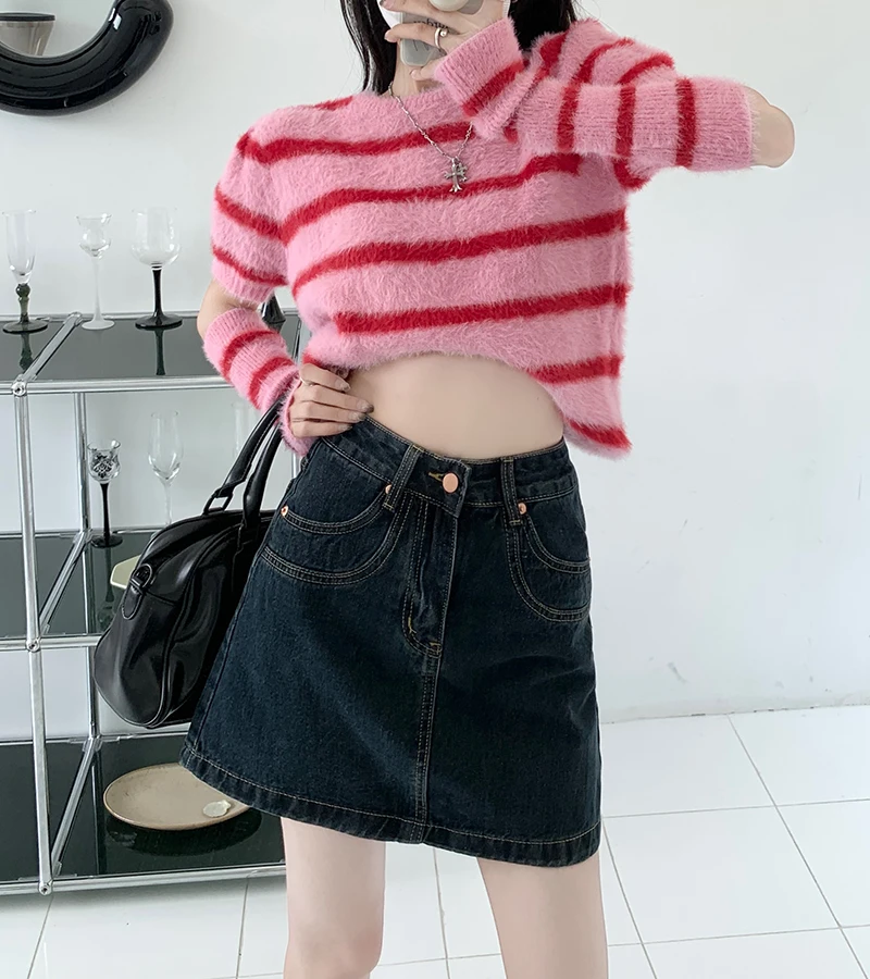 Vintage Denim Skirt Women's Dark Blue Summer High Waist Slim A-line Wrapped Hip Short Skirt Fashion