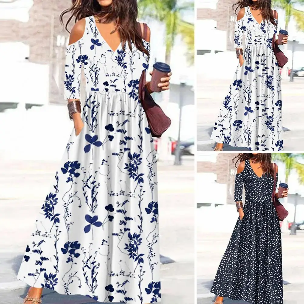 

Summer Women Floral Print Long Dress Boho Sexy V-Neck Cold Shoulder Half Sleeve Waist Tight Ladies A-Line Swing Beach Maxi Dress