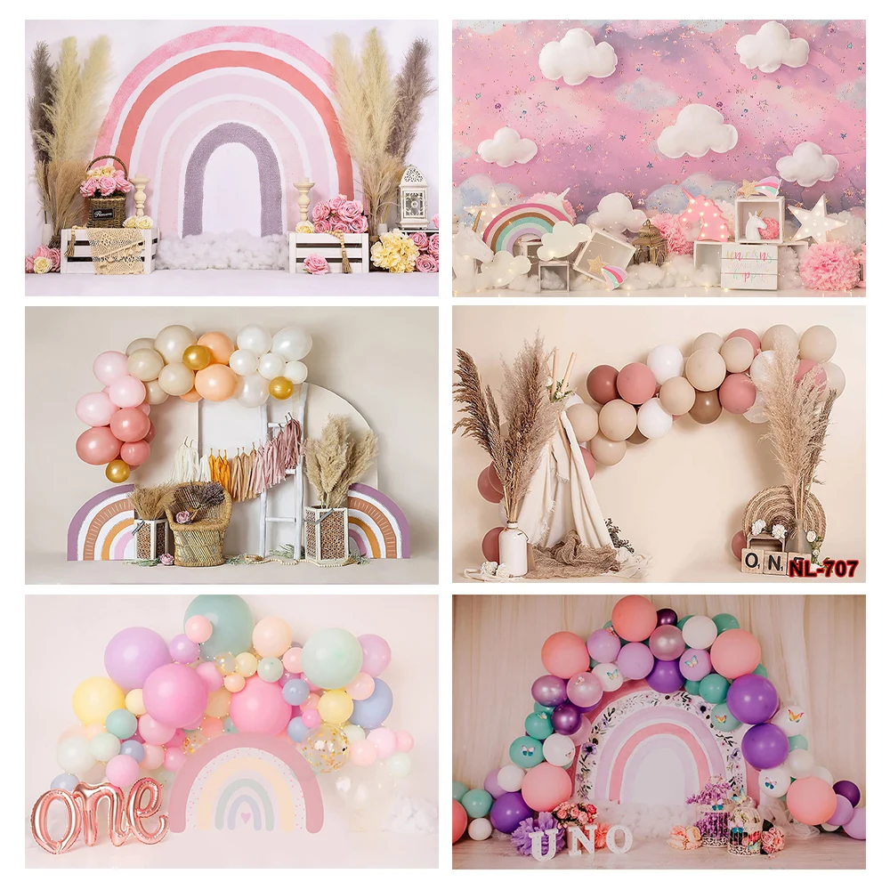 Boho Rainbow Birthday Party Decoration Backdrop Pink Bohemian Heart Girl Baby Shower Photography Background Photo Studio Banner