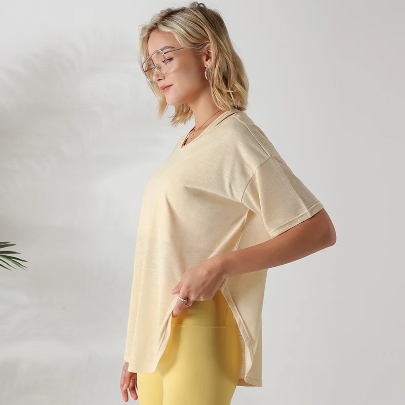 With Logo Spring And Summer Yoga Clothes Women's Slim Fitness Short-Sleeved Breathable Quick-Drying Two-Piece Sports Tops